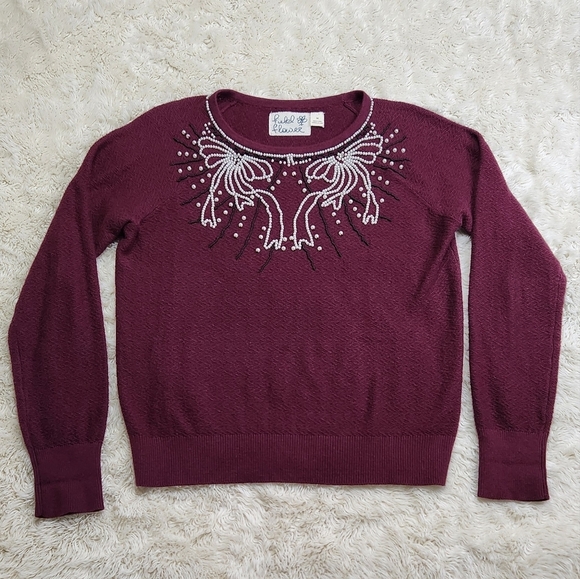 Anthropologie Field Flower Pearled Bow Beaded Sweater Wool Blend Burgundy Sz Med - Picture 6 of 12